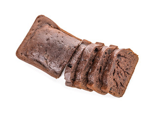 Tasty sliced homemade cake on white background