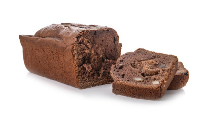 Tasty sliced homemade cake on white background
