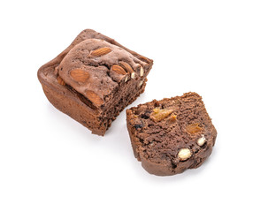 Tasty sliced homemade cake on white background