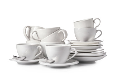 Set of clean dishes on white background