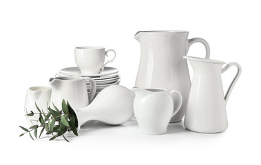 Set of clean dishes on white background