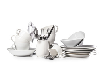 Fototapeta na wymiar Set of clean dishes on white background
