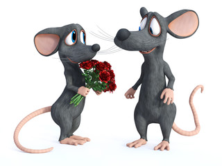 3D rendering of two cartoon mice dating.