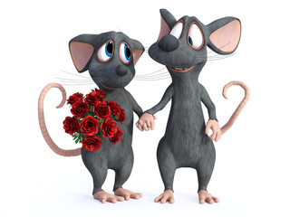 3D rendering of two cartoon mice dating.