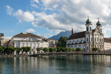 Panoramic view of Lucerne city with Jesuit Church and river Reuss