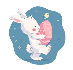 Vector hand drawn illustration with cute little baby rabbit and small bird with easter egg. For Happy Easter congratulation, baby shower party lovely card, birthday print, poster, tag, banner, sticker