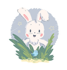 Vector hand drawn illustration with cute little baby rabbit and small bird in grass isolated on white background. Good for lovely baby shower party card, nursery print, HB poster, tag, banner, sticker