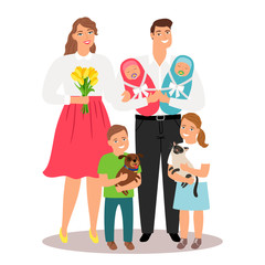 Happy family with new born twins and pets vector illustration. Family boy girl, mother and father
