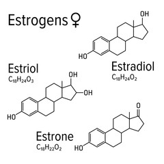Estrogens vector chemical formulas. Estradiol, estriol and estrone female steroid harmones. Chemical molecular model.