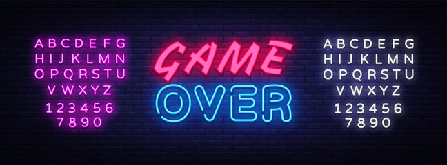 Game Over neon text vector design template. Game Over neon logo, light banner design element colorful modern design trend, night bright advertising, bright sign. Vector. Editing text neon sign