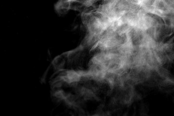 isolated smoke, abstract powder, water spray on black background.