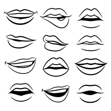 Black and white comic female lips vector set. Illustration of lips girlish collection, vogue female