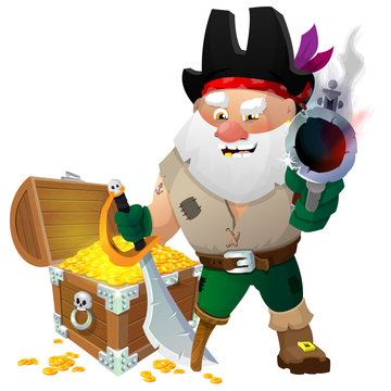 Cute pirate with sword and gun guards treasure. Vector illustration. Eps 10