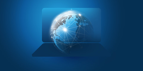 Fototapeta na wymiar Global Networks Design with Earth Globe and Laptop - Vector Template for Your Business 