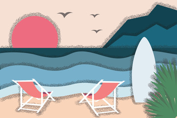 Summer beach background with chairs and palm leaves, sun and mountains on background. Seaside resort near the ocean, sea. Perfect vector for your banner, poster