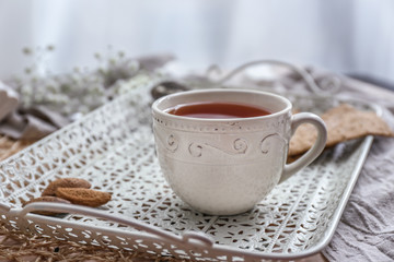 Obraz na płótnie Canvas Cup of hot tea on tray