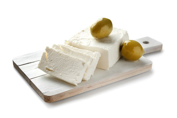 Tasty feta cheese on white background