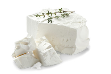 Tasty feta cheese on white background