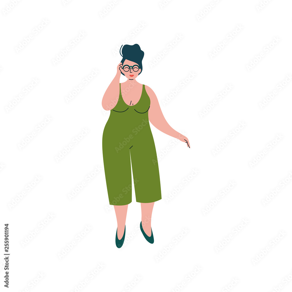 Wall mural attractive curvy girl in fashion clothes, beautiful plus size plump woman vector illustration