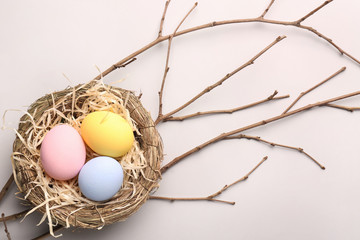 Nest with Easter eggs on light background