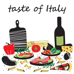 Italian cuisine vector illustration with caprese salad, olive oil, macaroni, spaghetti, garlic, tomato, cheese, eggplant, mushroom, pizza, bruschettas. Hand drawn food menu. 