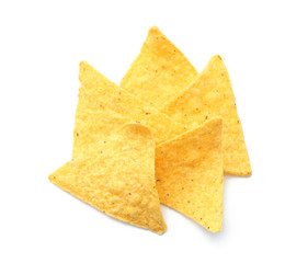 Tasty nachos on white background