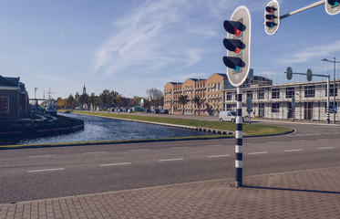 close up view of traffic lights and canal of Den Helder