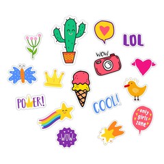 Big set of girl's  colored stickers on white. Vector Funny badges and stickers