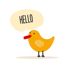 Cute bird with quote cloud. Hello. Kid illustration