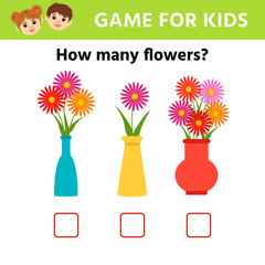 Counting Game for Preschool Children. Educational a mathematical game. Count the number of flowers and write the result. Vector cartoon illustration