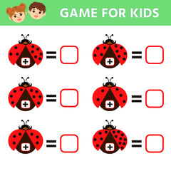 Education logic game for preschool kids.  The study of numbers, addition examples. Vector illustration