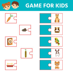 Educational game for kids. Find the couple. Kids activity with animals  and food. Game tasks for attention