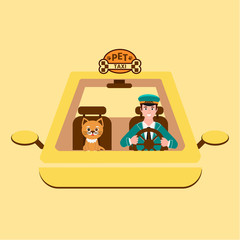 Taxi driver and cat on front seat. Vector illustration in flat style  on white background. Pet travel concept.