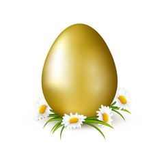 Happy Easter illustration with golden egg and beautiful camomilesflowers.Сhristian symbol of the resurrection of Christ