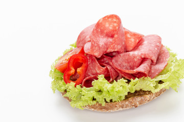 Sandwich with salami sausage on white background.