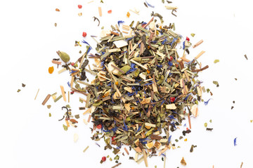 Herbal tea on a white background. Top view.