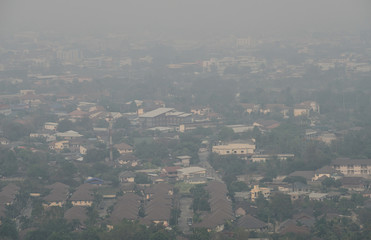 Bad air-pollution (PM2.5) covered Chiang Rai town, the Northern province in Thailand. PM2.5 levels meaning the air quality posed a health hazard.