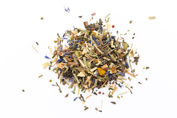 Herbal tea on a white background. Top view.