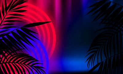 Background of the dark room, tunnel, corridor, neon light, lamps, tropical leaves. Abstract background with new light.