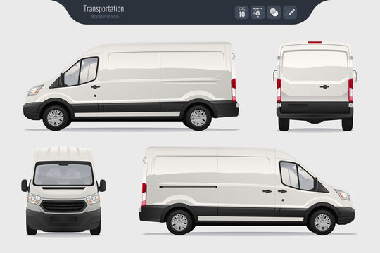 Detailed Cargo Van vector template. Realistic White Cargo Van isolated on grey background. Vector