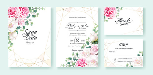 Fototapeta na wymiar Pink and white rose flowers Wedding Invitation, save the date, thank you, rsvp card Design template. Vector. Silver dollar eucalyptus leaves, Ivy plants.