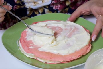 Cooking the pie with mascarpone cream. A woman lubricates the mascarpone and condensed milk cakes.