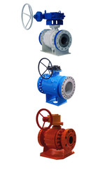 a group of modern manual shut-off valves for operation in aggressive gases isolated on white background