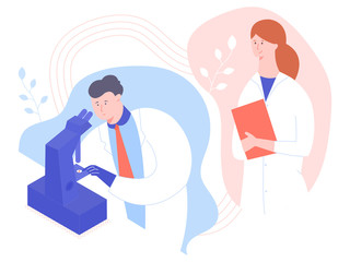 Young man scientist or physician looks through a microscope in a laboratory. Female doctor or nurse supervises the work. Diagnostic tests, analyzes, teamwork. Vector illustration.