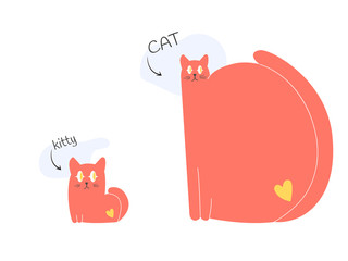 Cat and kitten. Two stages of cat age: adult and baby. Plump cute cat with a heart on wool.