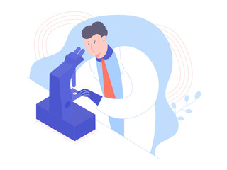 Obraz premium Young man scientist or doctor looks through a microscope in a laboratory. Diagnostic tests, analyzes. Vector illustration.
