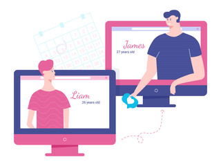 Online dating through the Internet. Search for a partner and love. Characters on computer screens. Two men are looking for love, homosexual relationships. Vector illustration.