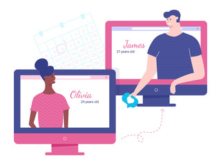 Internet dating, online meetings, likes and love, interracial marriage. Find your match. Vector illustration on white background.