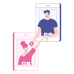 Vector illustration of online dating. Quick search for a partner, love for life, likes and ratings. Man and woman like each other, online meeting. Concept mobile version of the service.