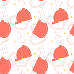 Seamless pattern with cat and leaves. Cute fat friendly animal. Vector.